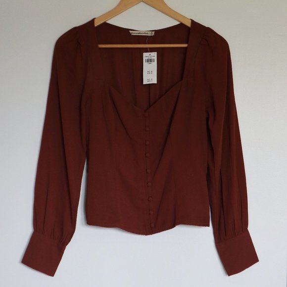 Abercrombie Brown Sweetheart Neckline Button Blouse with Long Sleeves NWT - Picture 1 of 11